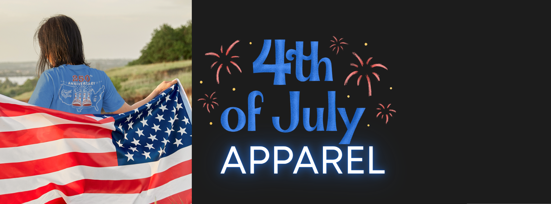 Person holding an American flag with '4th of July Apparel' text on a black background