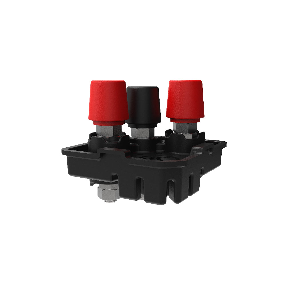 Black mechanical component with red and black knobs on a white background