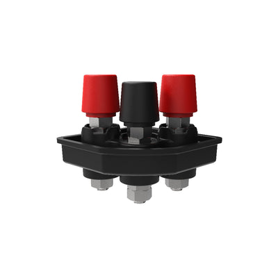 Black electrical connector with red and black caps on a white background