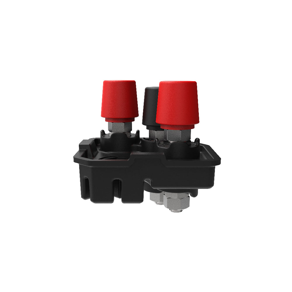 Black mechanical component with red caps on a white background