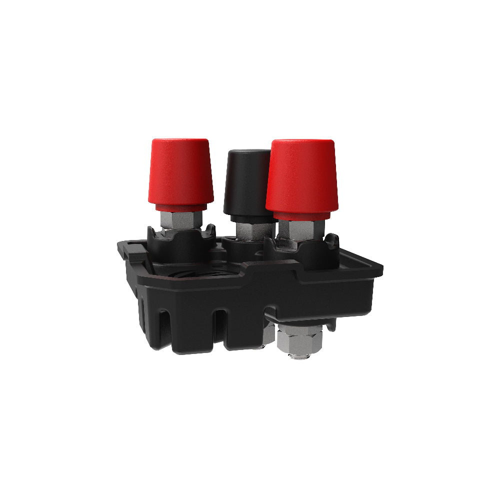 Black electrical connector with red and black caps on a white background