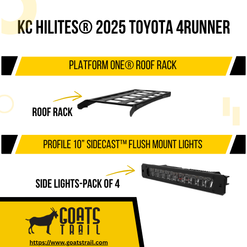 Advertisement for KC Hilites 2025 Toyota 4Runner roof rack and side lights with Goats Trail branding.