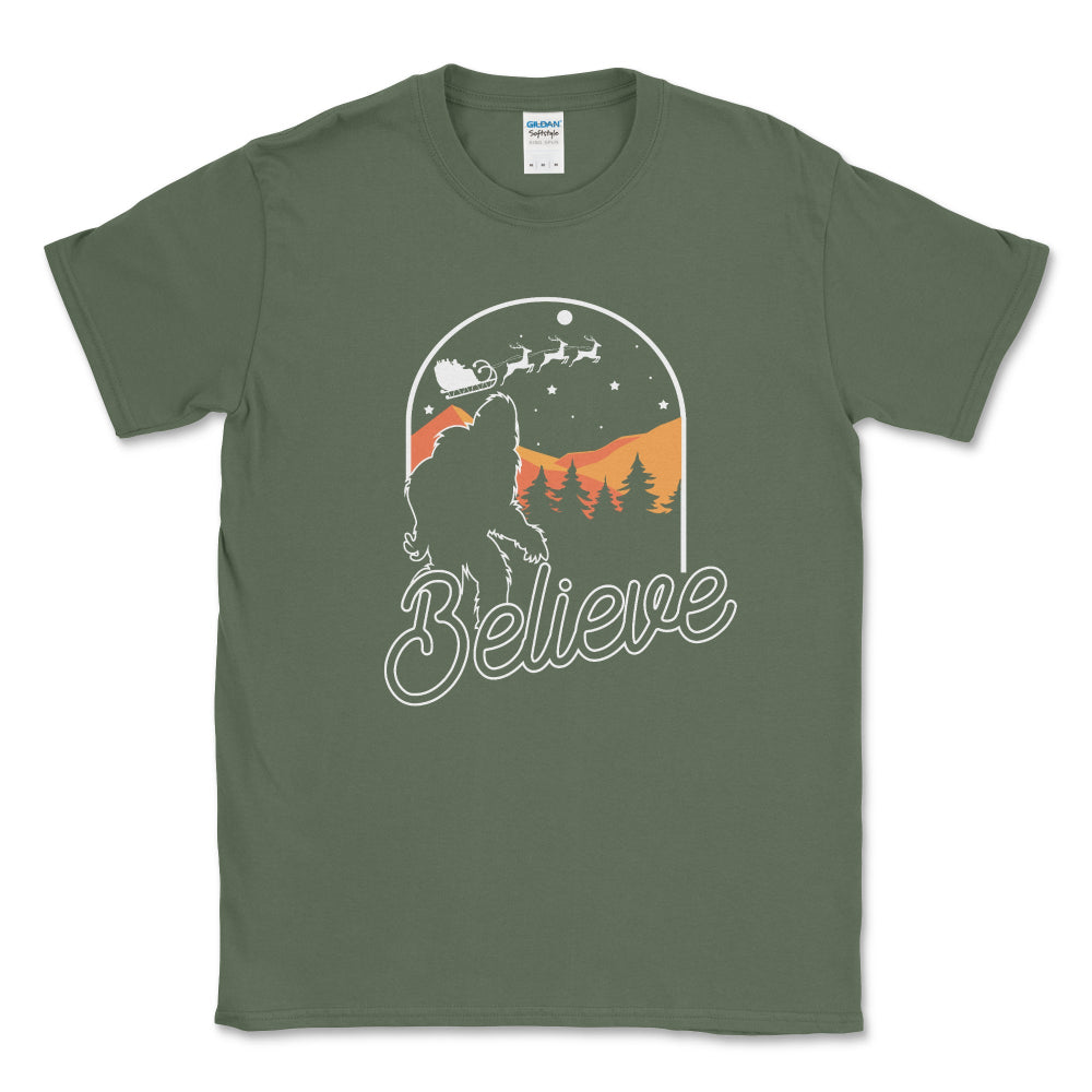 Believe Military Green Sasquatch Holiday Shirt