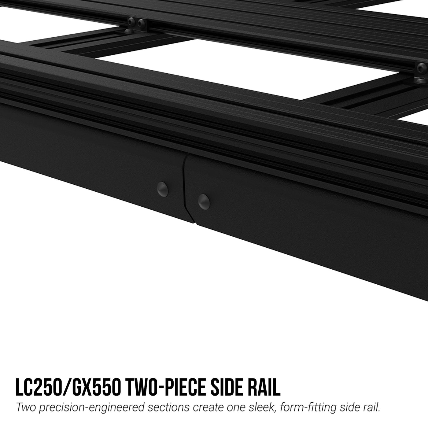 Black two-piece side rail system on a white background