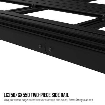 Black two-piece side rail system on a white background