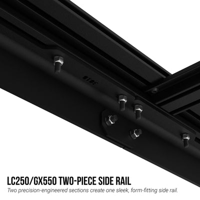 Black two-piece side rail with mounting hardware on a white background