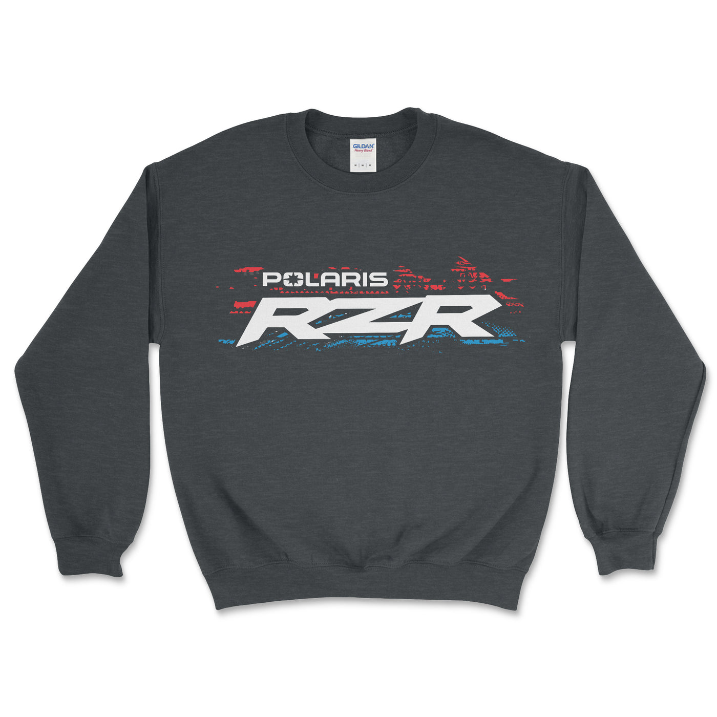 Blue sweatshirt with 'Polaris' logo on a white background