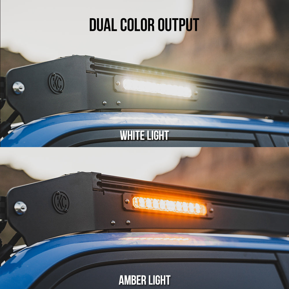 Dual color output LED light bar showing white and amber lights on a vehicle roof.