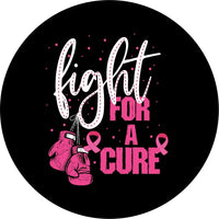 Circular sticker with pink boxing gloves, pink ribbons, and text &
