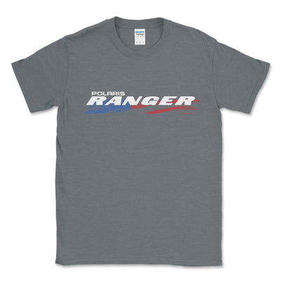 Gray t-shirt with Polaris Ranger logo on a white background