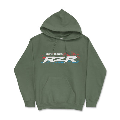 Green hoodie with Polaris RZR logo on a white background