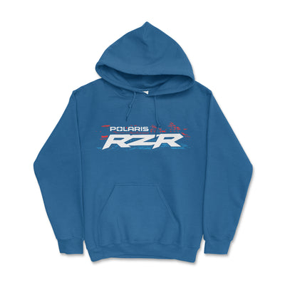 Blue hoodie with Polaris RZR logo on a white background