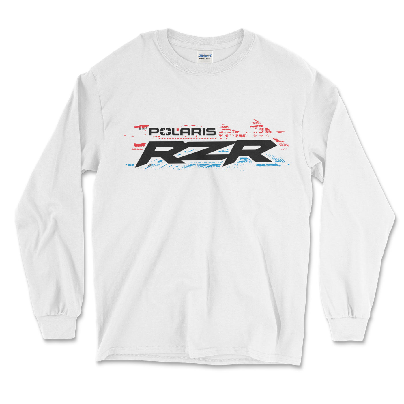 White long-sleeve shirt with Polaris RZR logo on a white background