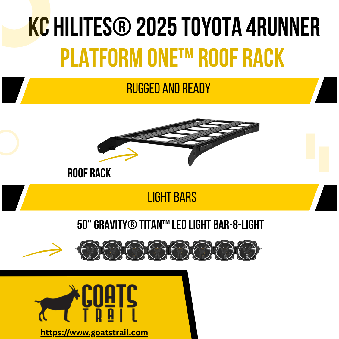 KC Hilites 2025 Toyota 4Runner Platform One Roof Rack with light bars on a white background
