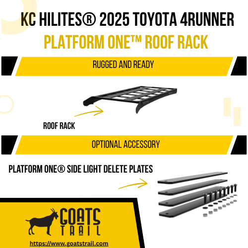 Advertisement for KC Hilites 2025 Toyota 4Runner Platform One roof rack with Goats Trail branding.