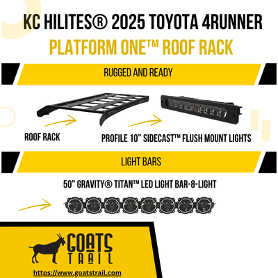 Advertisement for KC Hilites 2025 Toyota 4Runner Platform One Roof Rack with light bars and sidecast flush mount lights.