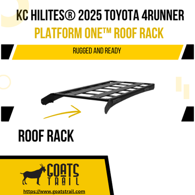KC Hilites 2025 Toyota 4Runner Platform One roof rack on a white background with yellow accents.