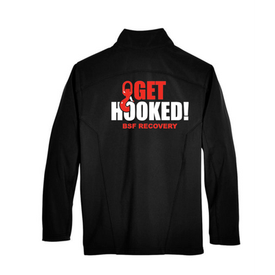 Black jacket with 'Get Hooked! BSF Recovery' text on a white background