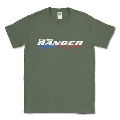 Green t-shirt with Polaris Ranger logo on a white background