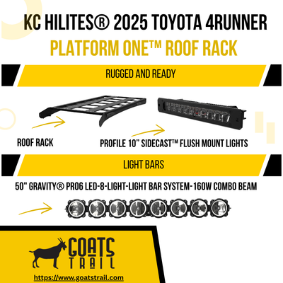 Advertisement for KC Hilites 2025 Toyota 4Runner Platform One Roof Rack with roof rack and lights on a white background.