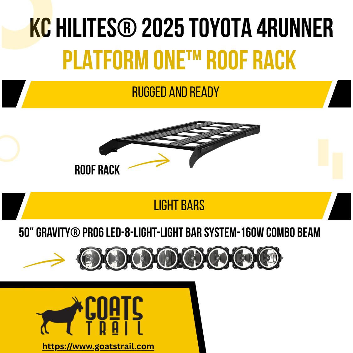 Advertisement for KC Hilites 2025 Toyota 4Runner Platform One Roof Rack with light bars, featuring text and graphics on a white background.