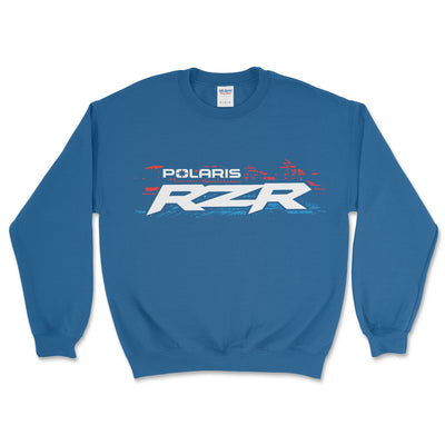 Blue sweatshirt with Polaris RZR logo on a white background