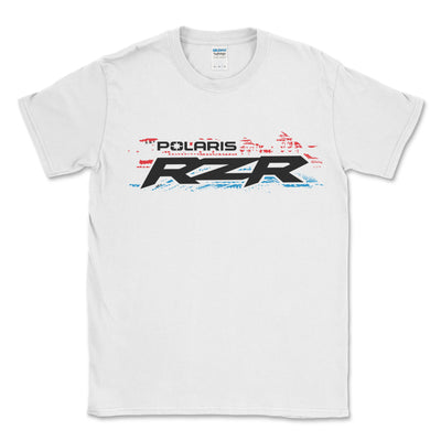 White t-shirt with Polaris RZR logo on a white background