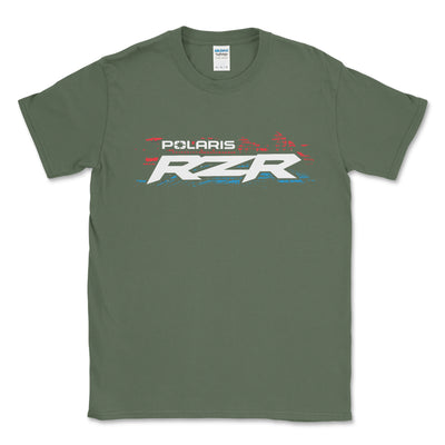 Green t-shirt with Polaris RZR logo on a white background