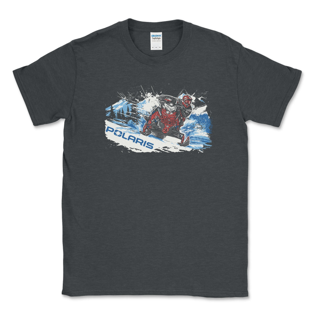 Black t-shirt with a graphic design of a person on a snowmobile and the Polaris logo.