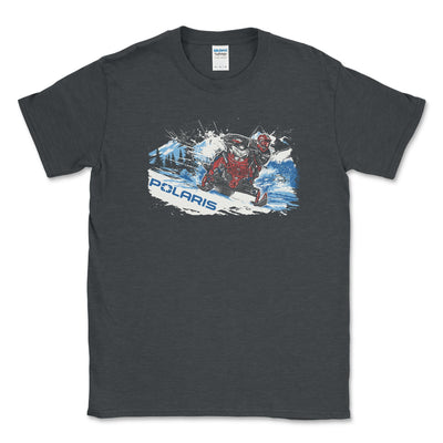 Black t-shirt with a graphic design of a person on a snowmobile and the Polaris logo.