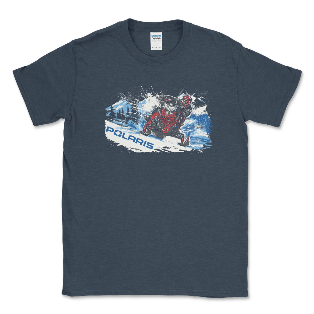Navy blue t-shirt with a graphic of a person on a snowmobile and 'Polaris' branding.