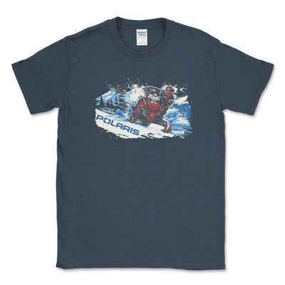 Navy blue t-shirt with a graphic of a person on a snowmobile and 'Polaris' branding.