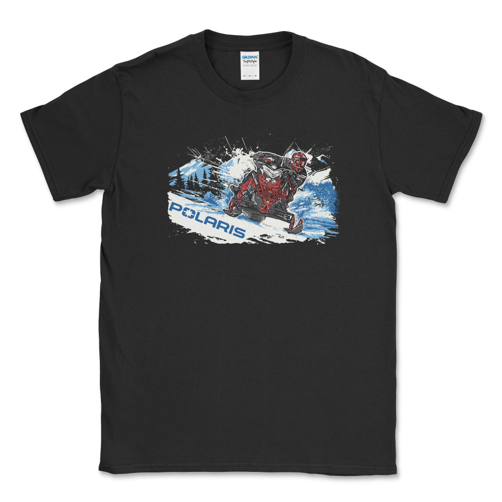 Black t-shirt with a graphic design of a person on skis and Polaris logo