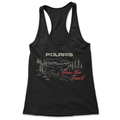 Black tank top with Polaris logo and 'Own the Trail' text on a white background