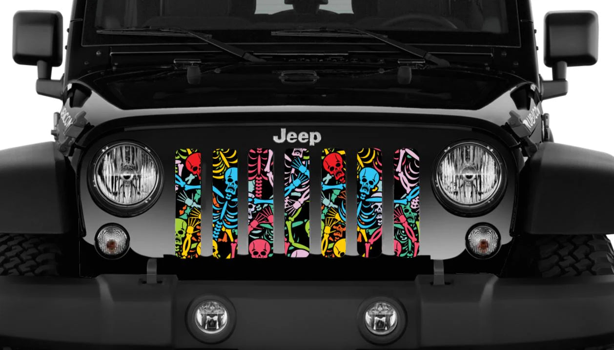 Jeep grille with colorful skeleton design 