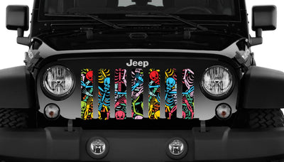 Jeep grille with colorful skeleton design 