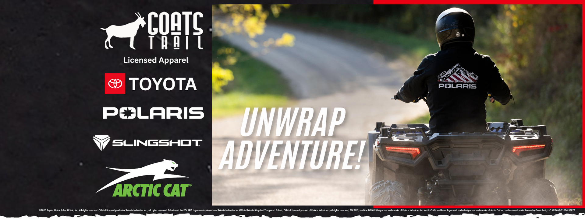 Person on a Polaris vehicle with Goats Trail, Toyota, Polaris, Slingshot, and Arctic Cat logos displayed.