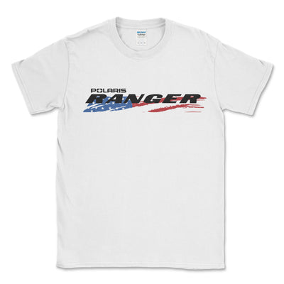 White t-shirt with Polaris Ranger graphic design on a white background