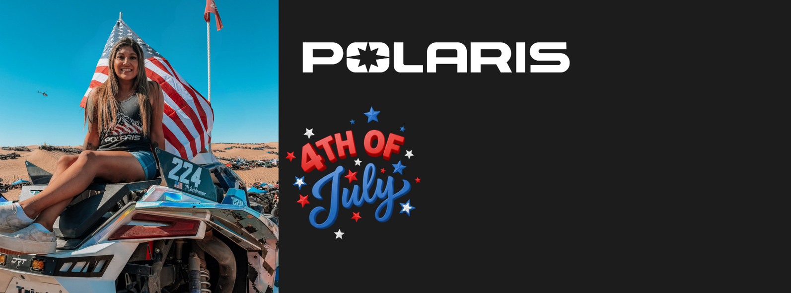 Person on an ATV with American flag, Polaris logo, and '4th of July' text.