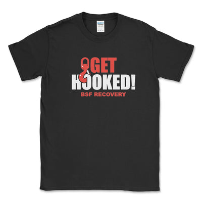 Black t-shirt with 'Get Hooked! BSF Recovery' text and logo on a white background