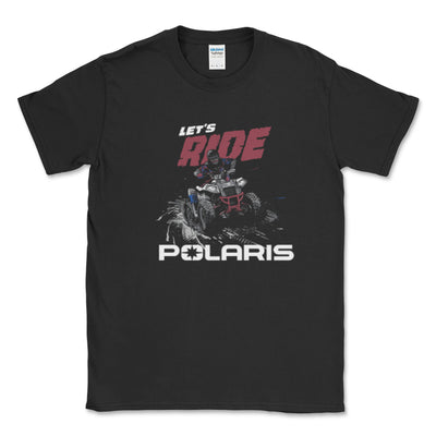 Black t-shirt with Polaris graphic and text on a white background
