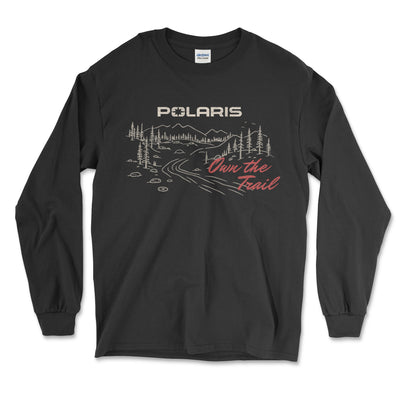 Black long-sleeve shirt with Polaris graphic design on a white background