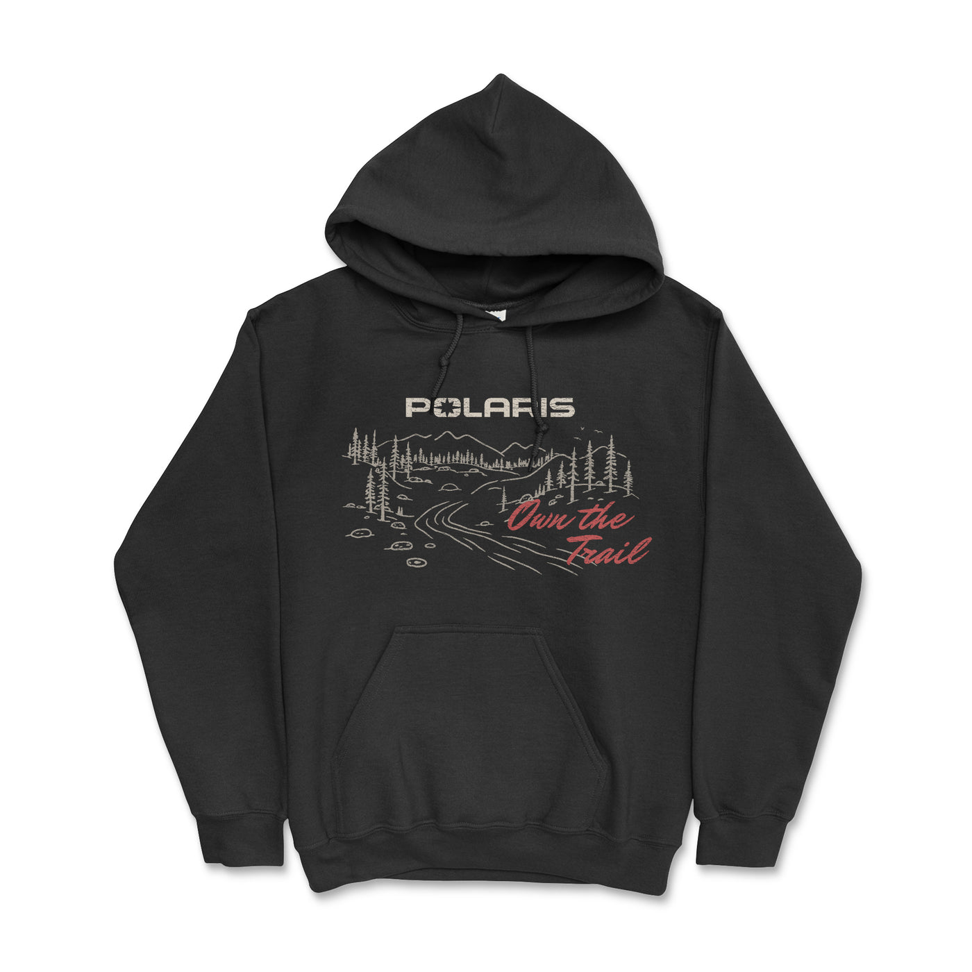 Black hoodie with Polaris logo and graphic design on a white background