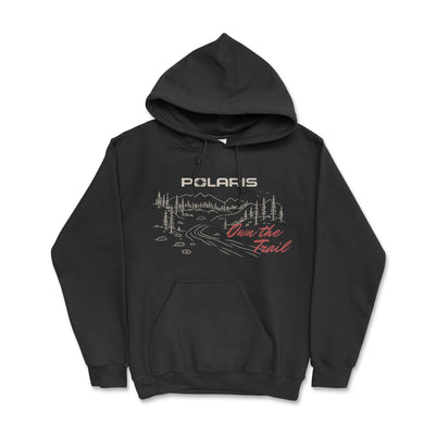 Black hoodie with Polaris logo and graphic design on a white background