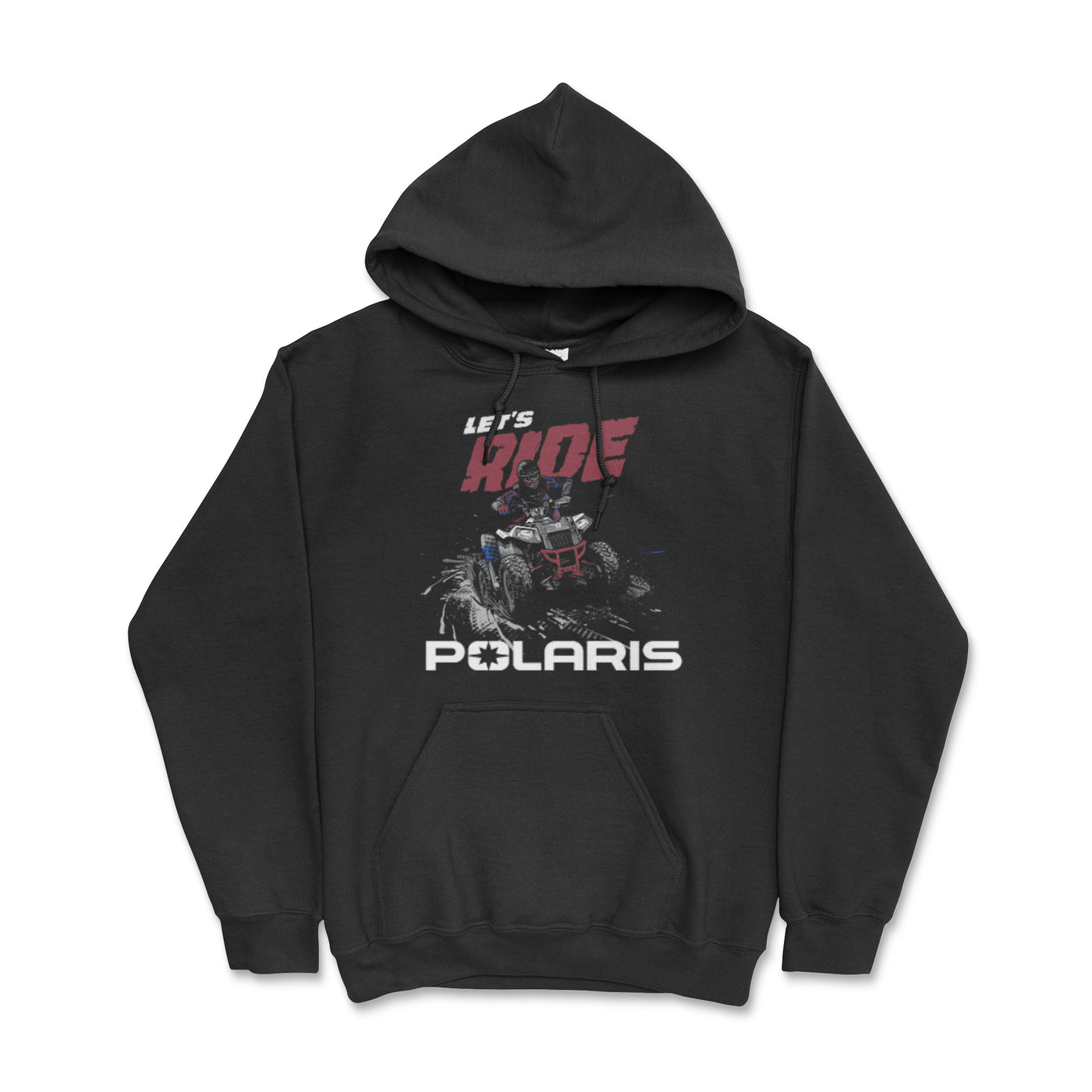 Black hoodie with Polaris graphic and text on a white background