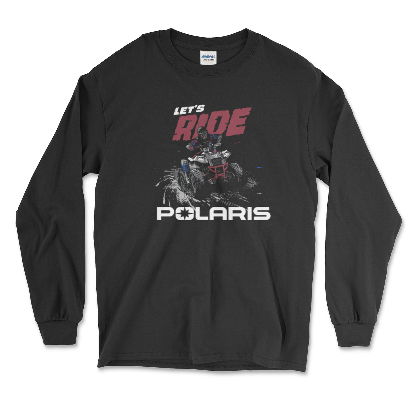 Black long-sleeve shirt with Polaris ATV graphic and text on a white background
