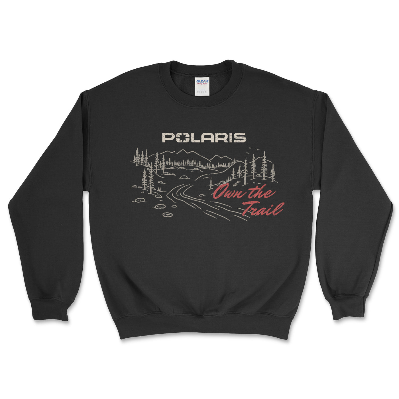Black sweatshirt with Polaris logo and 'Own the Trail' text on a white background