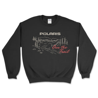 Black sweatshirt with Polaris logo and 'Own the Trail' text on a white background