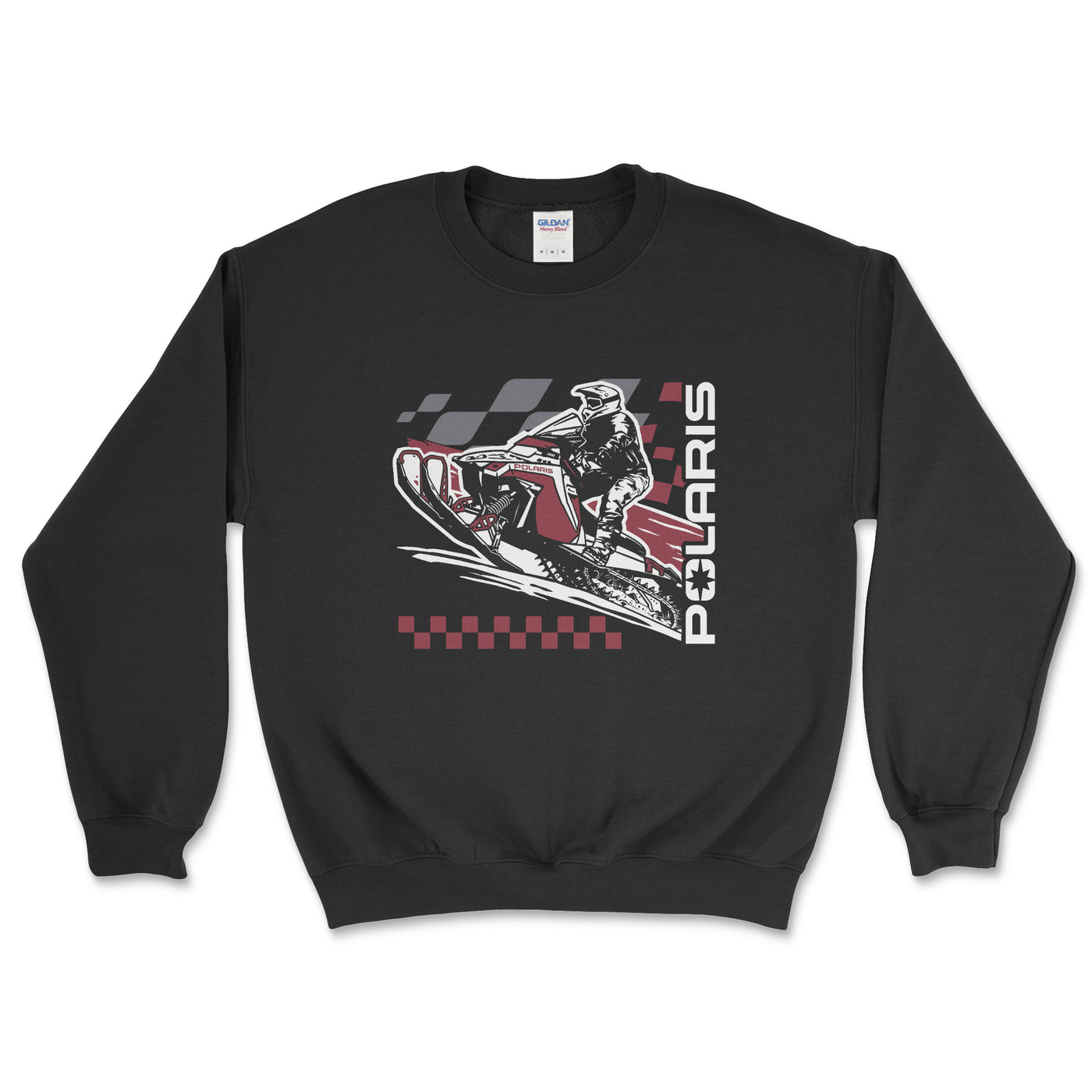 Black sweatshirt with Polaris snowmobile graphic on a white background
