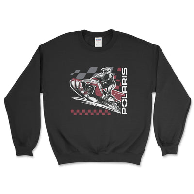 Black sweatshirt with Polaris snowmobile graphic on a white background